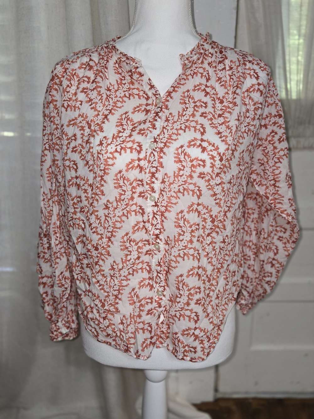 LOFT White and Coral Printed Button-Front Blouse